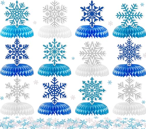 Winter Wonderland Party Decorations Honeycomb Centerpieces, 12Pcs Snowflake Decorations for Table with Snowflake Confetti, Winter Table Decorations for Holiday Birthday Baby Shower Party Supplies