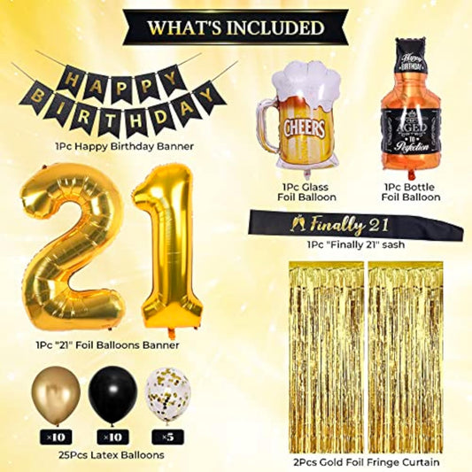 21St Birthday Decorations For Him - Black And Gold Balloons, Sash Banner, Male 21St Bday Decor
