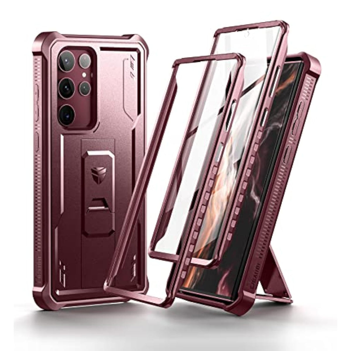 Full Body Case For Samsung Galaxy S22 Ultra 5G/6.8 Inches, [Extra Front Frame] Heavy Duty Military Grade Protection Built-In Screen Protector And Kickstand For Samsung S22 Ultra 5G,Maroon Red