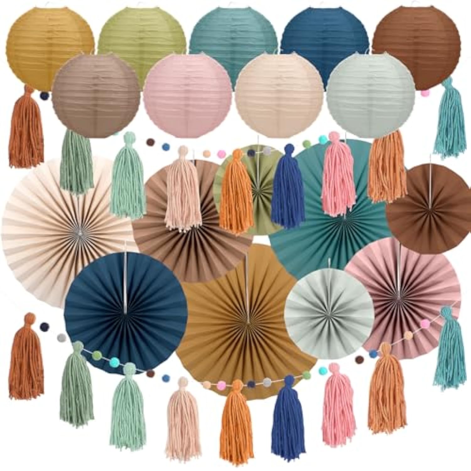 Boho Party Decoration 20 Pcs Hanging Paper Fans Paper Lanterns Tassel Garlands Set Back To School Wall Hanging Fans For Classroom Decor Birthday Baby Shower Wedding
