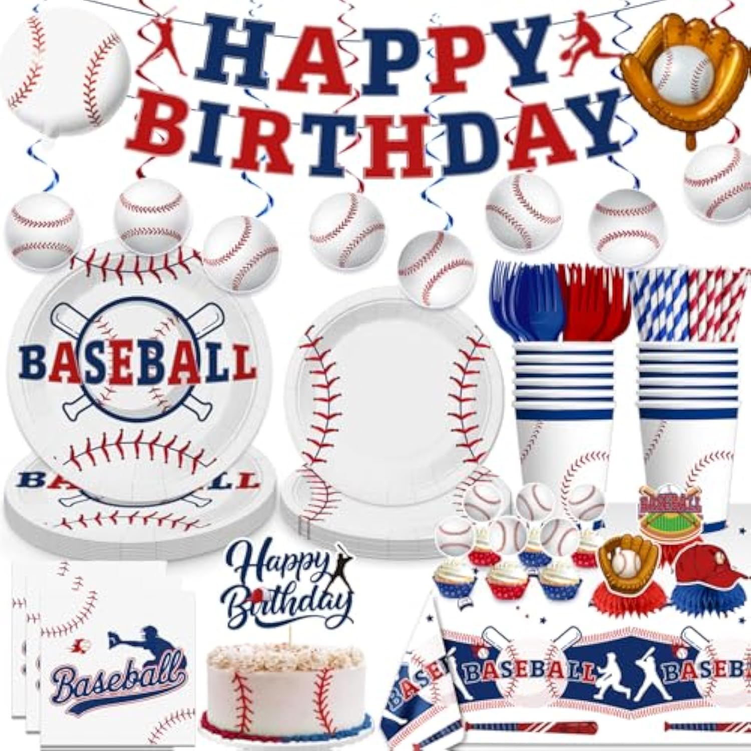 157Pcs Baseball Birthday Decorations Tableware Set, Baseball Party Decorations Include Banner, Plates, Tablecloth, Cake Topper, Cups, Cupcake Topper For Baseball Birthday Party, Serve 20 Guests