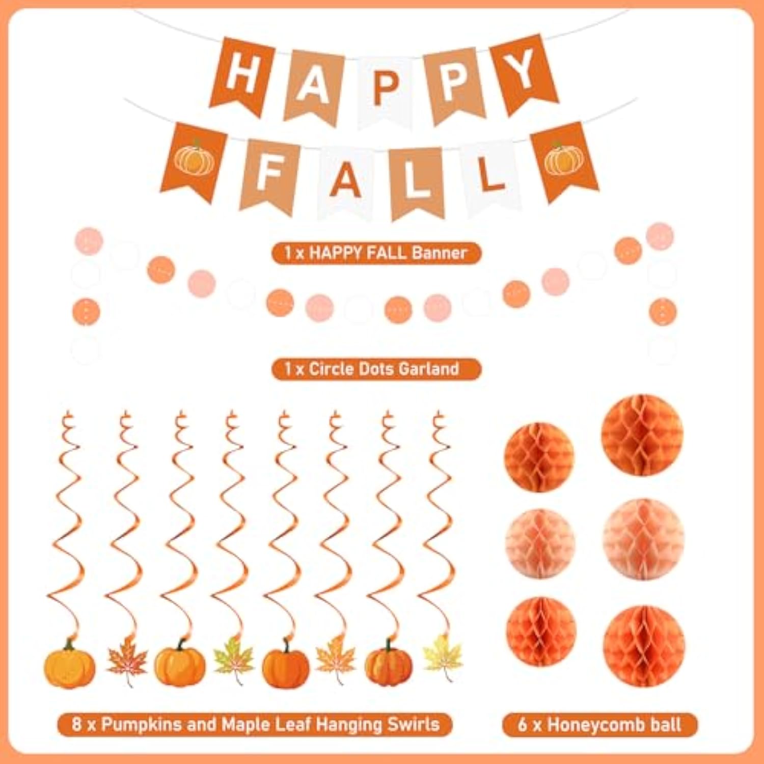 Fall Party Decorations Happy Fall Banner With Honeycomb Balls Pumpkin Maple Leaf Hanging Swirls Circle Dots Garland Fall Party Decor For Harvest Autumn Festival Thanksgiving Decorations