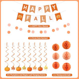 Fall Party Decorations Happy Fall Banner With Honeycomb Balls Pumpkin Maple Leaf Hanging Swirls Circle Dots Garland Fall Party Decor For Harvest Autumn Festival Thanksgiving Decorations