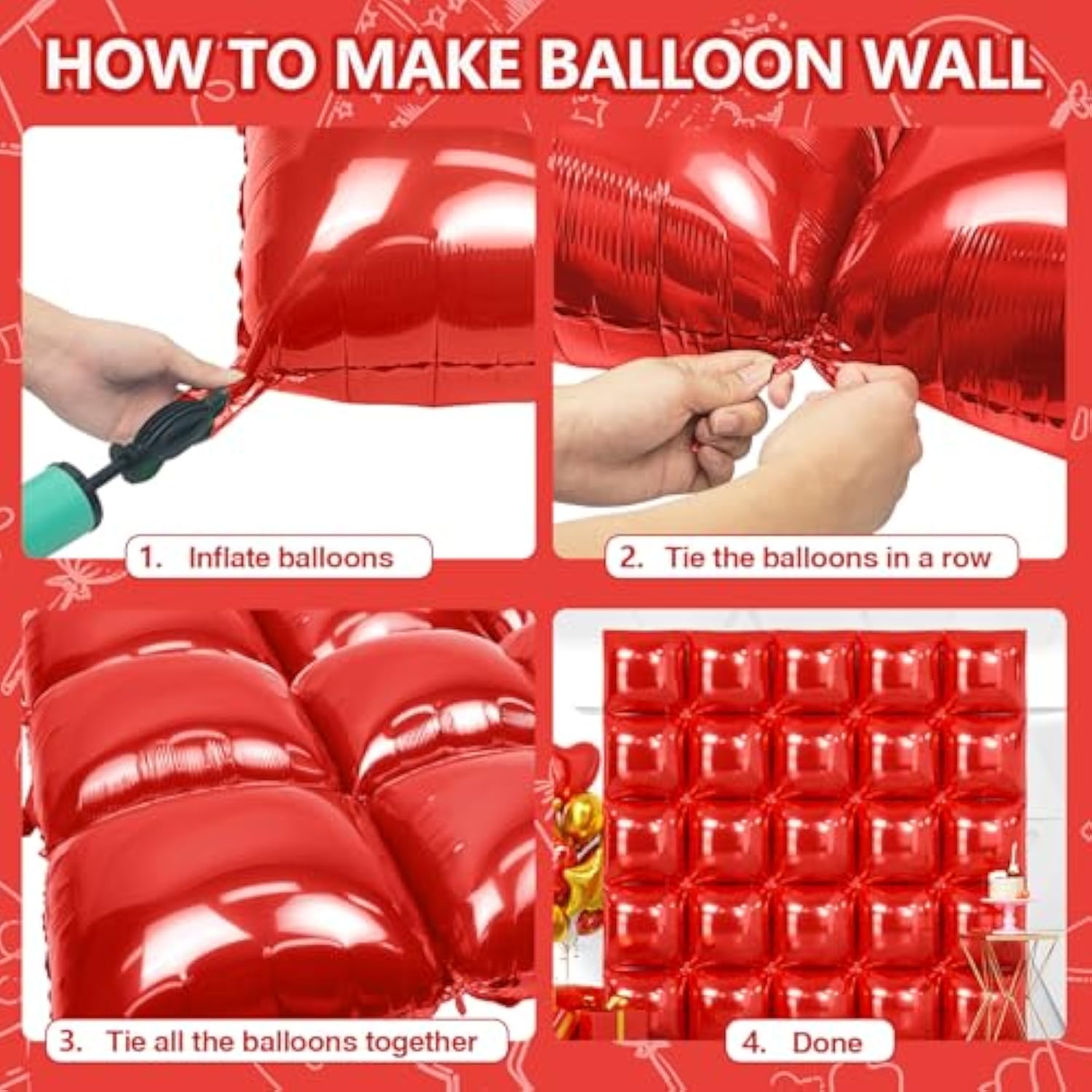 25Pcs Red Square Foil Balloons Wall Backdrop Metallic Double Sided Red Christmas Balloon Tunnel Arch Kit For Christmas Birthday Baby Shower Valentine‘S Day Party Decoration