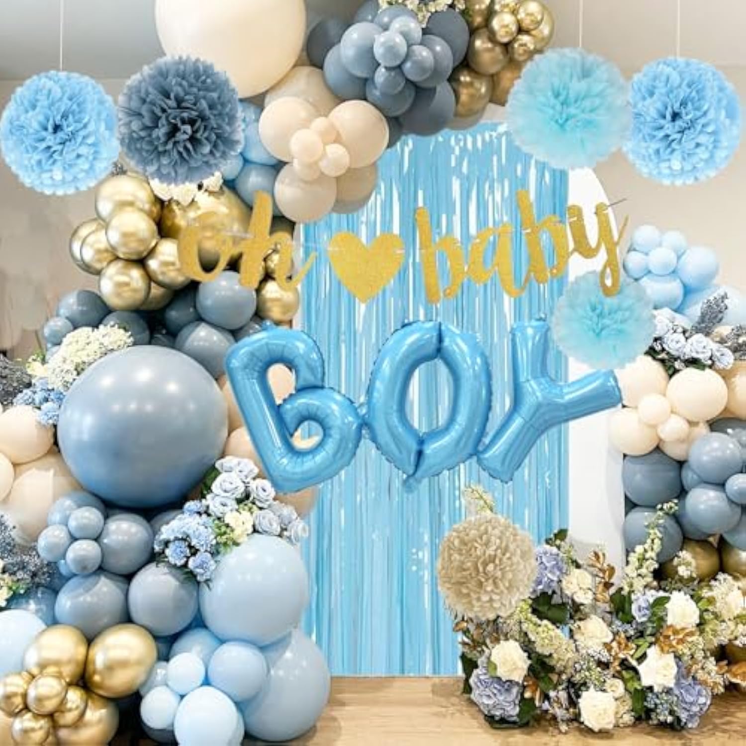 Baby Boy Shower Decorations - Dusty Blue Baby Shower Decorations - Welcome Baby Boy Decoration With Blue Balloons, Paper Pom Poms,Mom To Be Sash For Boys Baby Shower Decor Gender Reveal Party