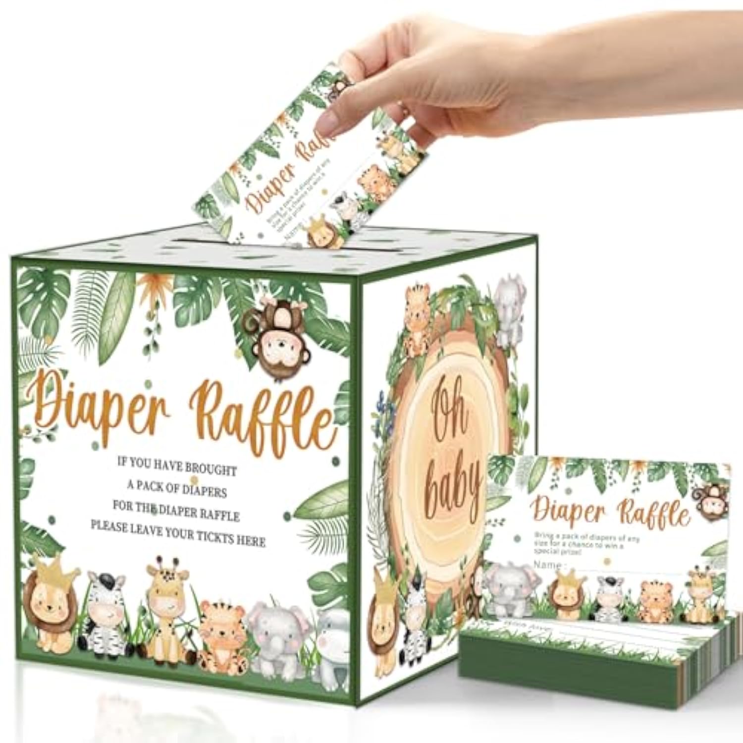 51 Pcs Safari Diaper Raffle Box With Tickets Baby Shower Decorations For Boy, Jungle Diaper Raffle Cards Box Baby Shower Decorations Games Kit
