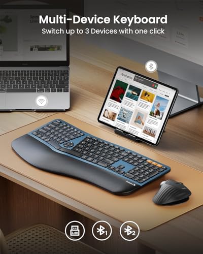 Backlit Bluetooth Ergonomic Keyboard, Ek01 Plus Full Size Wireless Split Keyboard With Dual Bluetooth And Usb, Cushioned Wrist Rest, Rechargeable, Compatible With Windows/Mac/Android, Blue