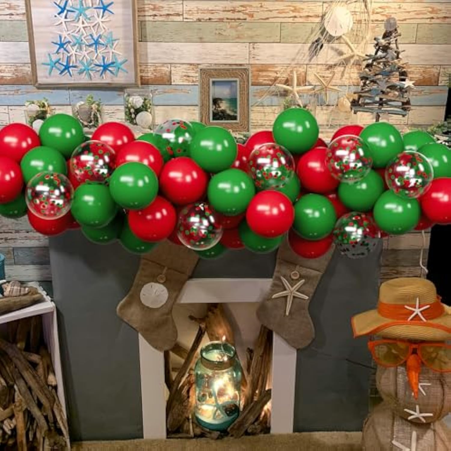 60Pc Christmas Balloon Kit Red Green Clear Confetti Garland Arch