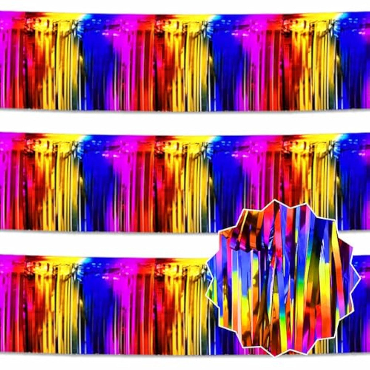 3 Pack 10 Ft Rainbow Foil Fringe Garland Metallic Streamers Tinsel Banner Wall Hanging Garland Backdrop For Parade Floats, Halloween, Christmas, Thanksgiving, New Year Party Decorations