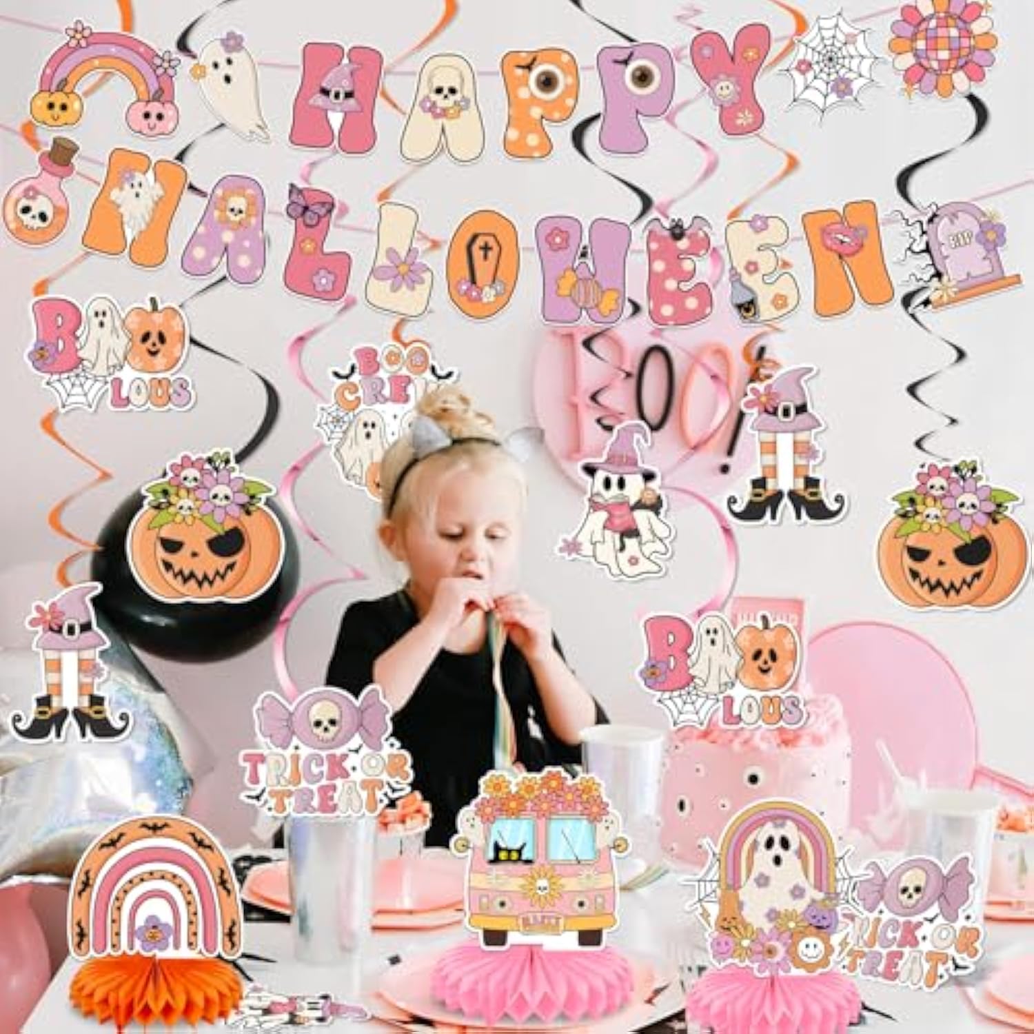 Retro Halloween Party Decorations with Happy Halloween Banner, Swirls & Pumpkin