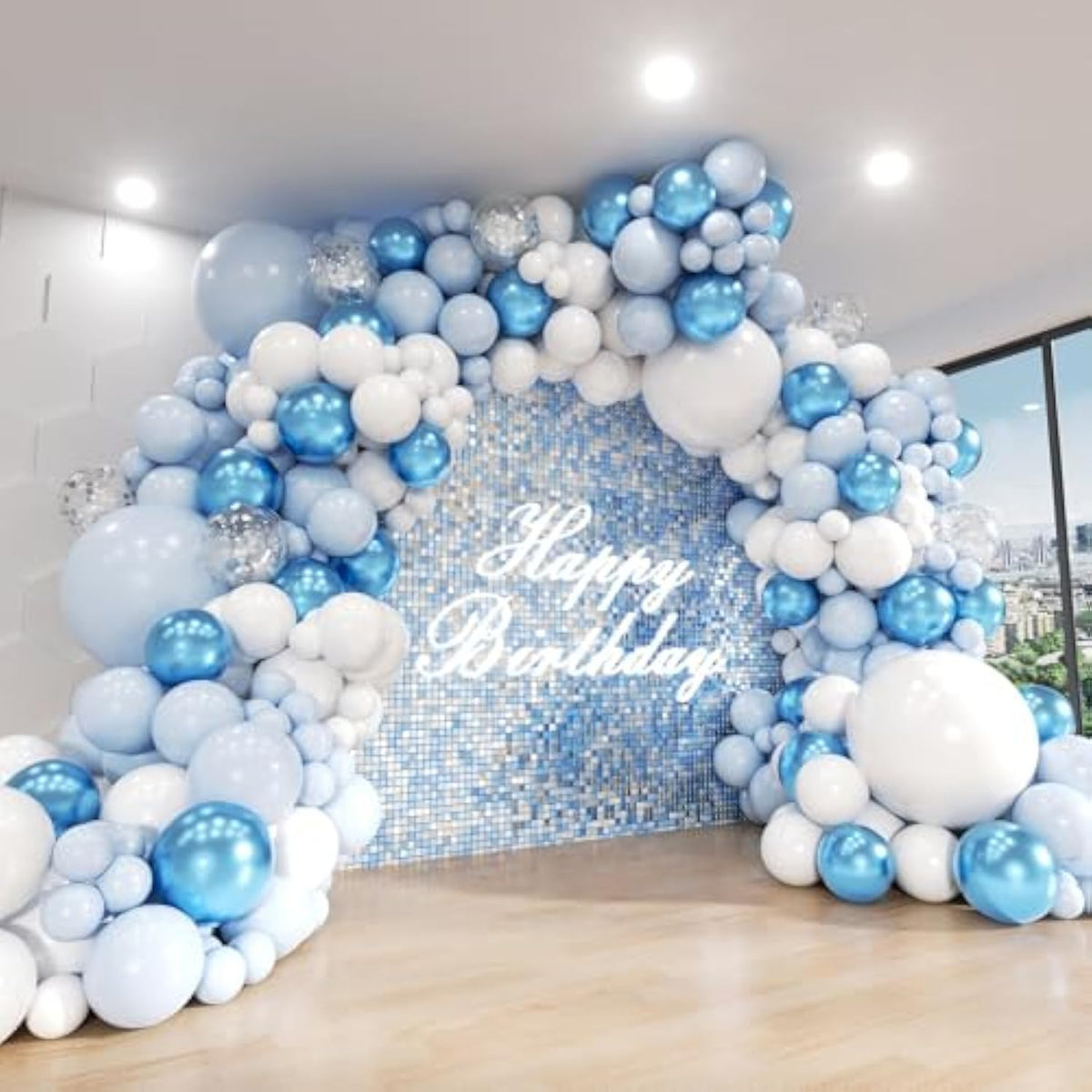 Blue Balloon Arch Kit 124pcs Metallic Blue, White & Silver Balloons for Parties and Event