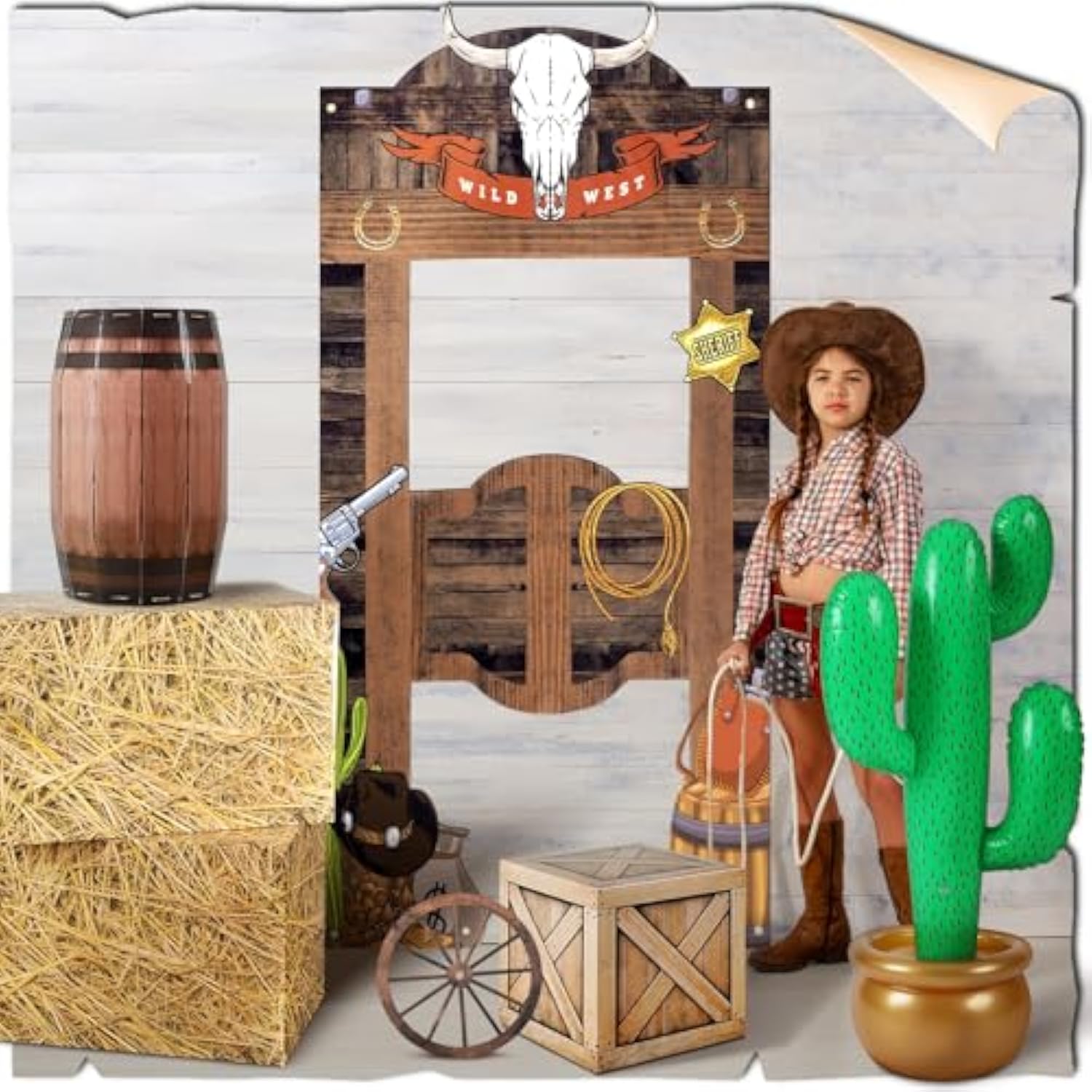 7Pcs Western Cowboy Party Decor Hay Bales, Cactus, Wagon Wheel & Backdrop Banner