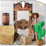 7Pcs Western Cowboy Party Decor Hay Bales, Cactus, Wagon Wheel & Backdrop Banner