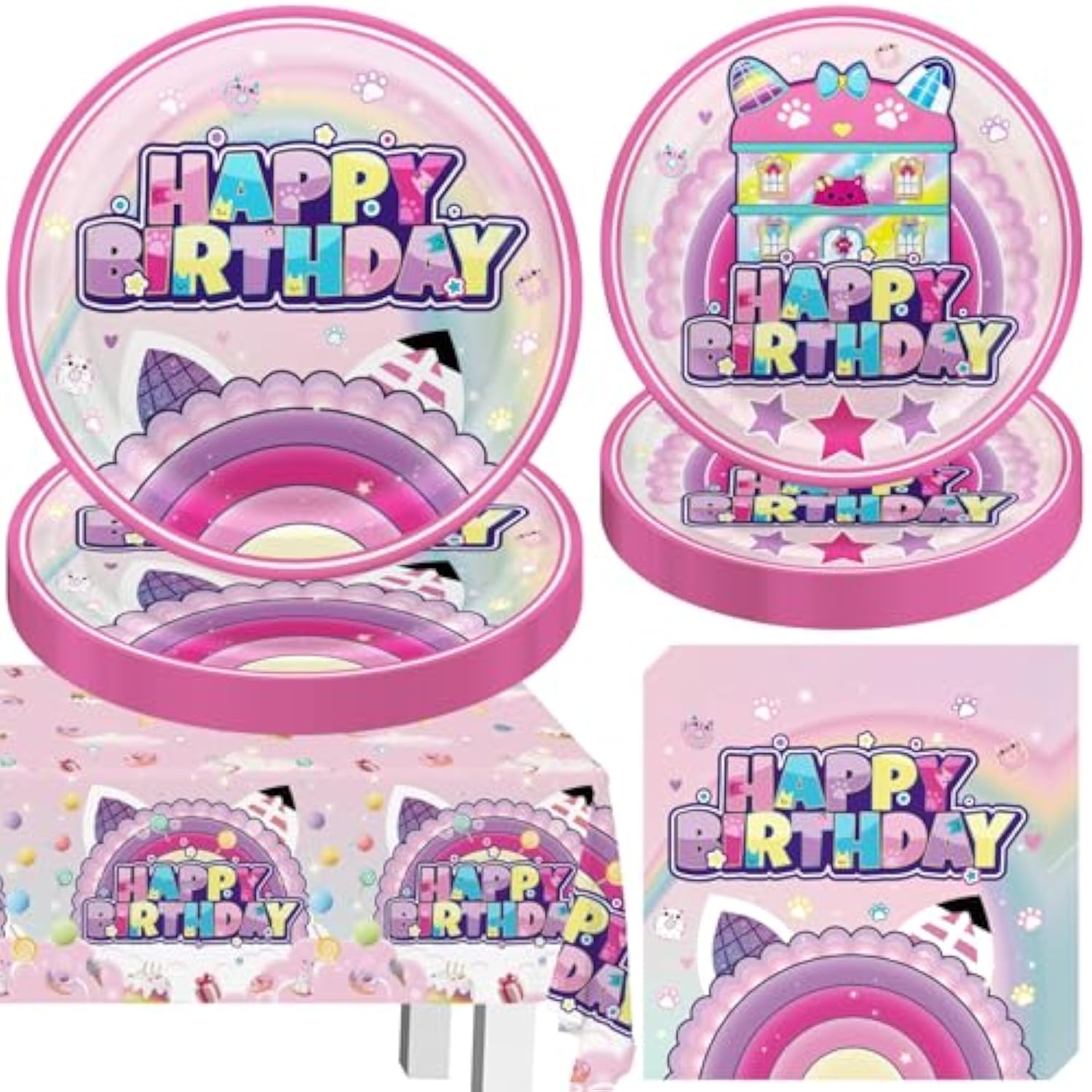 Party Decorations 41Pcs Cute Cat Style Birthday Tableware Set Include Paper Plates Of Two Sizes, Napkins, 42.5X70.8Inch Rectangular Waterproof Plastic Tablecloth
