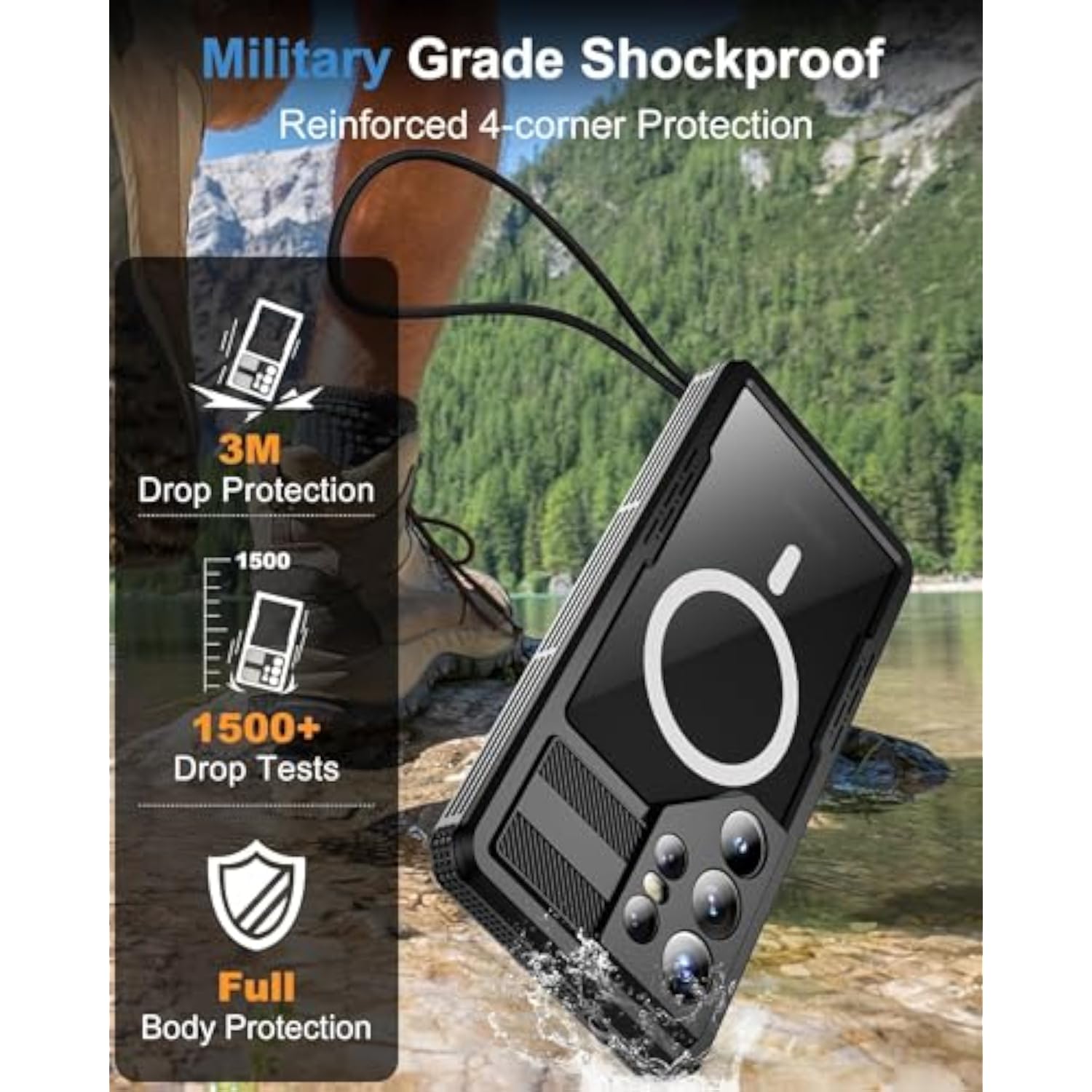 Samsung Galaxy S24 Ultra IP68 Waterproof Case, Magnetic, Black Protection