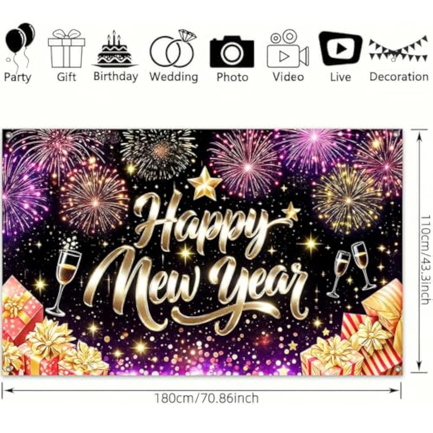 Happy New Year Backdrop 71x43in Gold Glitter Fireworks Party Banner