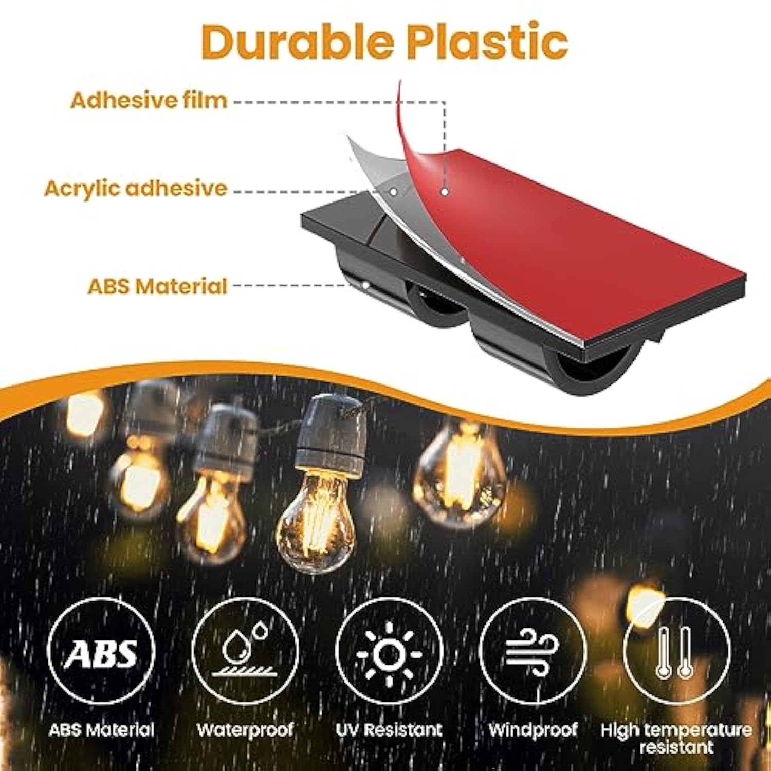 Hooks For Outdoor String Lights Kit - 35Pcs Heavy Duty String Light Clips With Waterproof Adhesive Strips, Patio Outdoor Light Hooks, Black Cord Organizer, Christmas Light Clips Outdoor