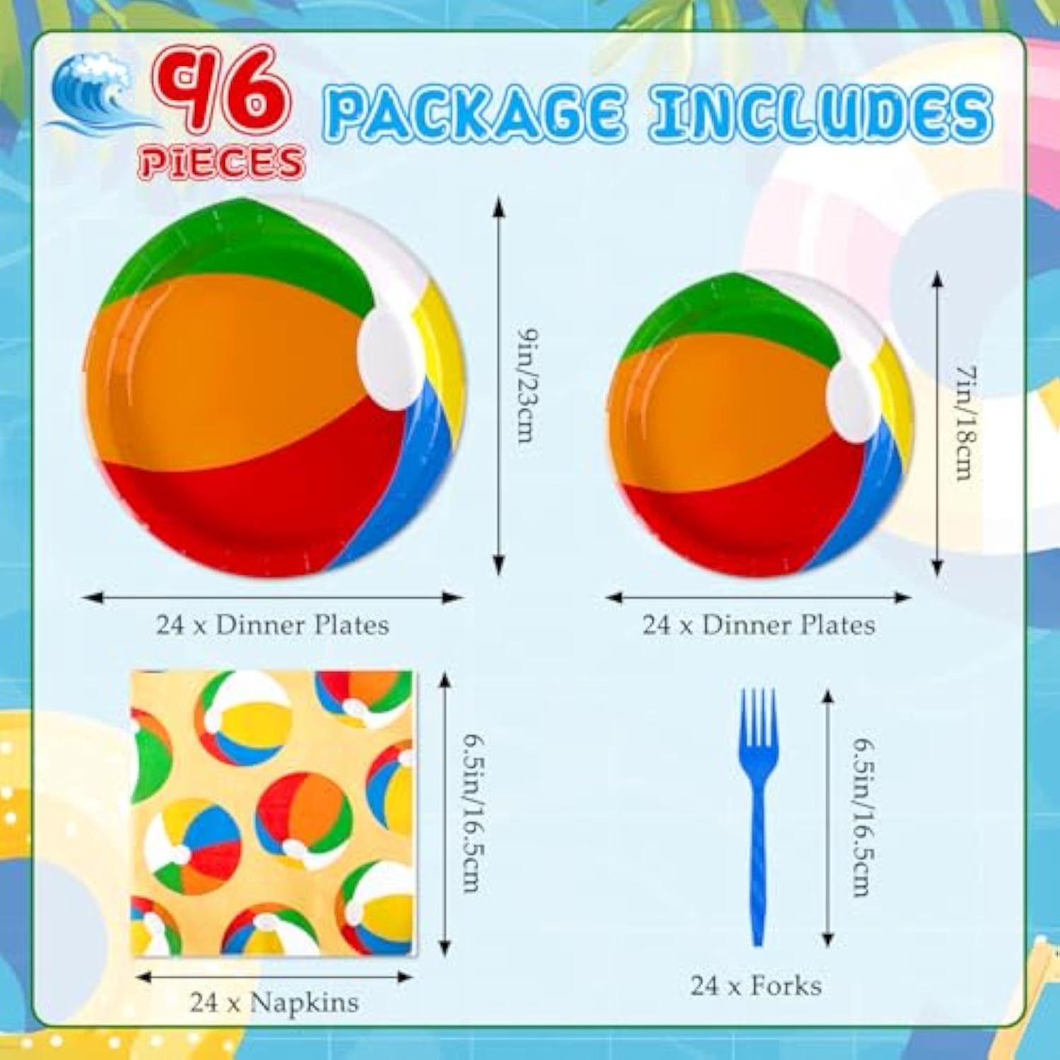 96 Pcs Pool Beach Summer Party Plates Napkins, Beach Theme Party Decorations, Hawaiian Summer Ball Plates Pool Decorations Supplies For Kids, Serves 24