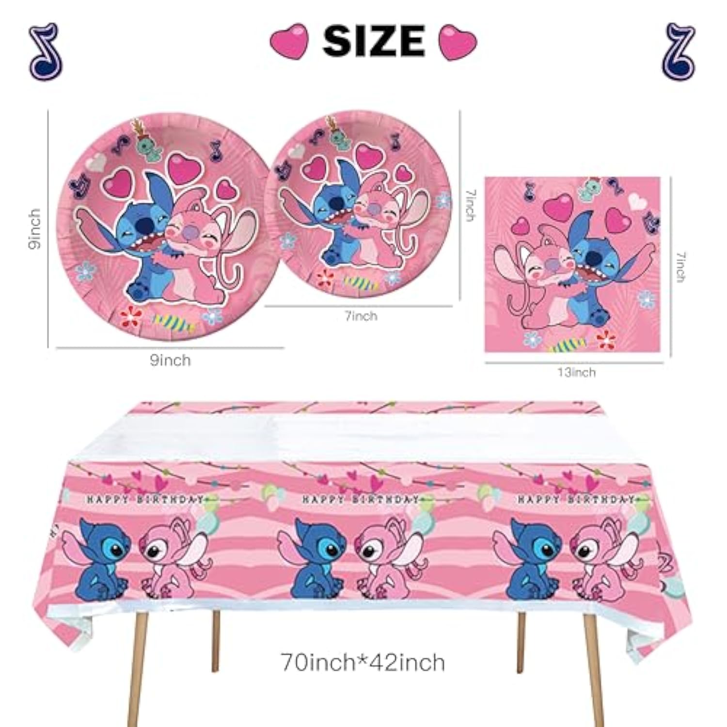 41Pcs Pink Stitch Party Set – 20 Plates, 20 Napkins & 1 Tablecover. Perfect For Stitch-Themed Birthdays! Features Cute Pink Stitch Prints, Durable Plates, And Easy Cleanup. Ideal For Kids’ Parties!