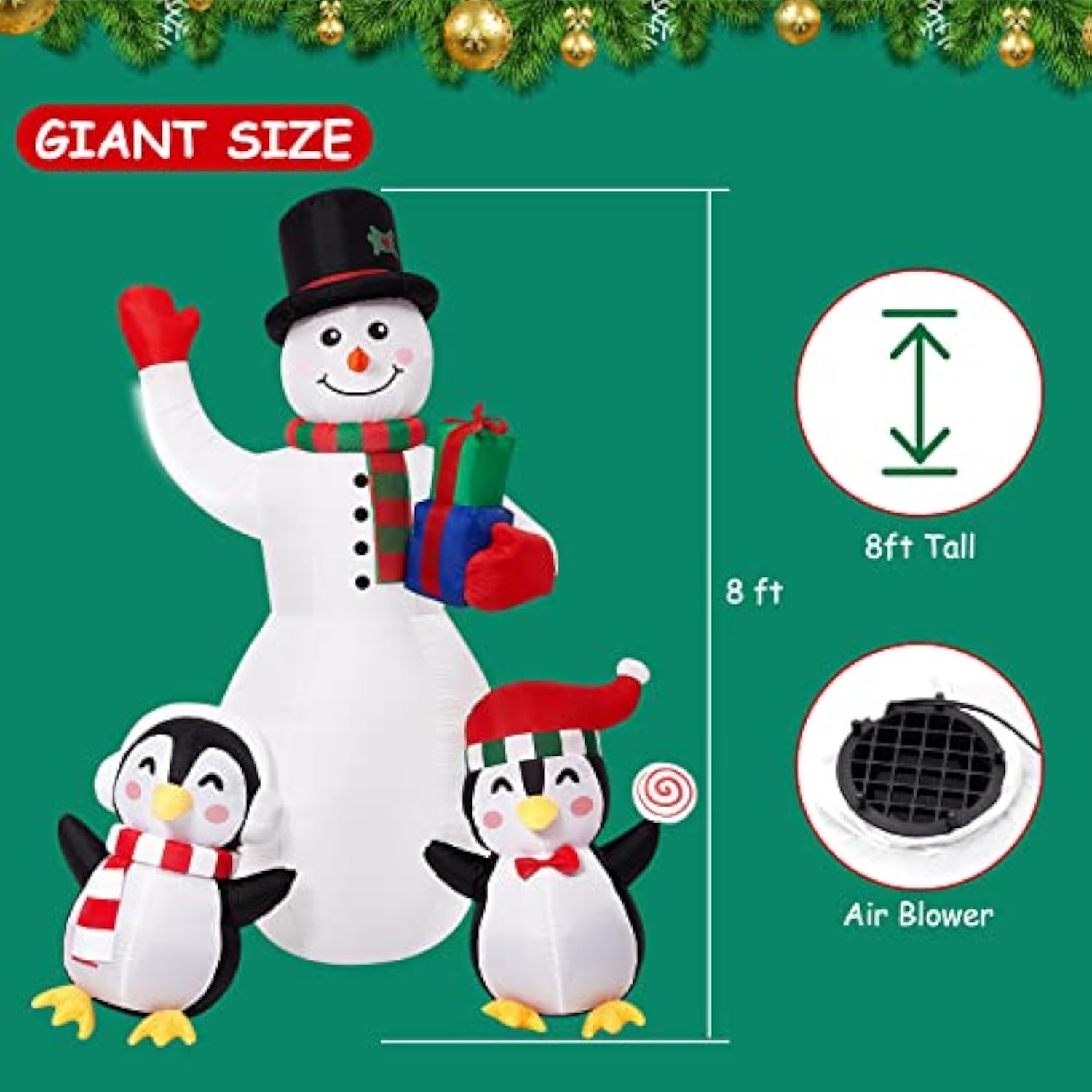 Christmas Inflatables Outdoor Decorations, 8 Ft Inflatable Snowman With Penguins, Blow Up Xmas Decorations Clearance Ind