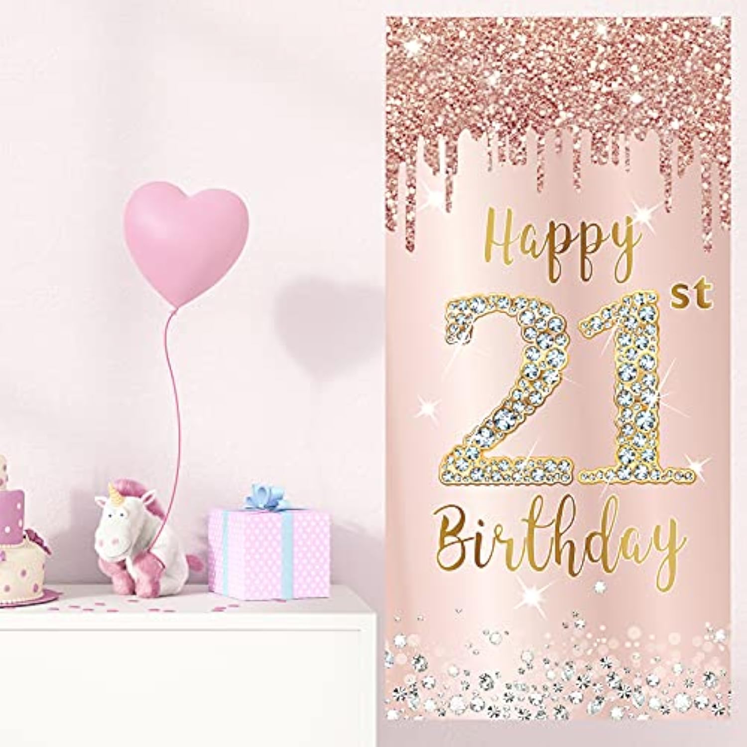 Happy 21St Birthday Door Banner Backdrop Decorations For Women, Pink R