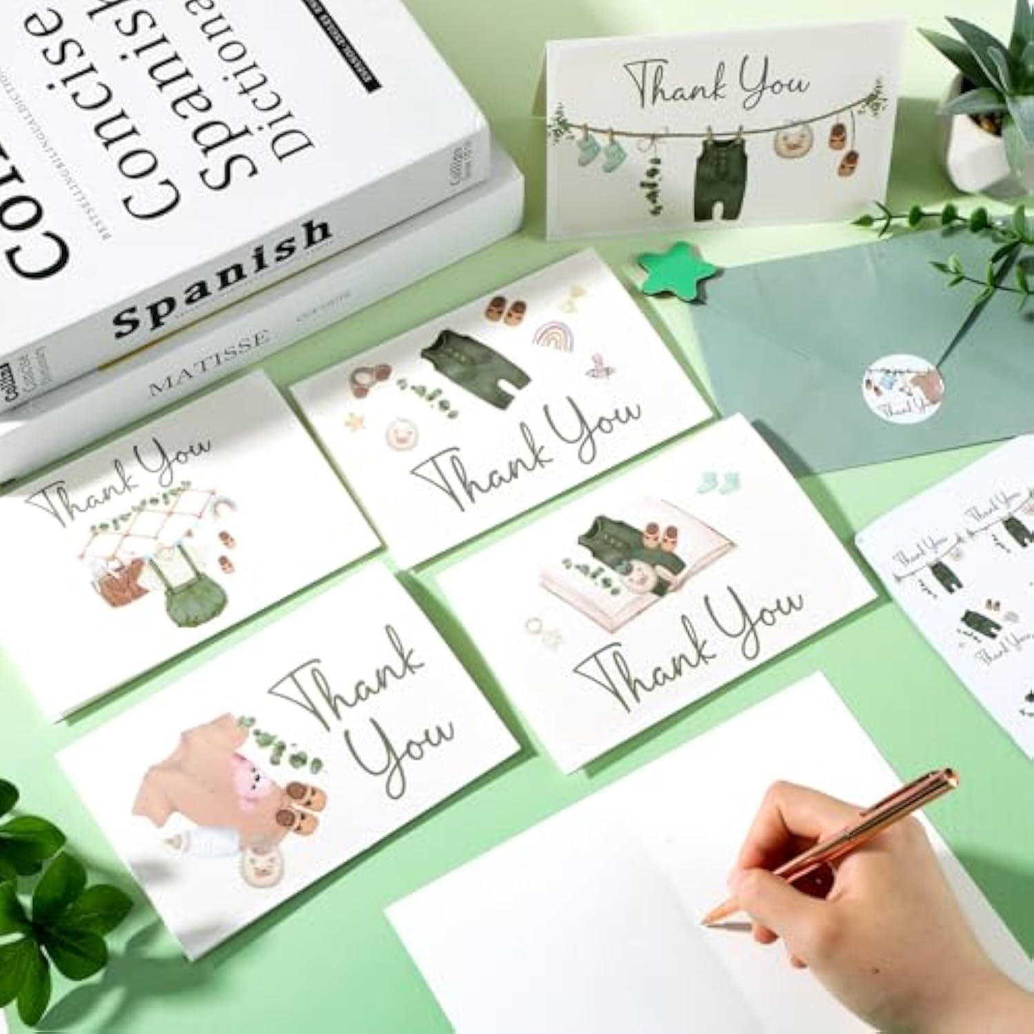 24 Pack Baby Shower Thank You Cards Vintage Green Clothes Note Cards With Envelopes Stickers Sage Green Greeting Blank Card Woodland Personalized Thank You Card For Birthday Baby Shower Party Favors
