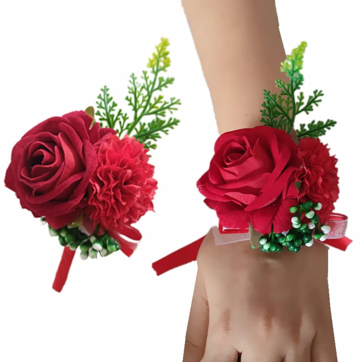 Red Corsage And Boutonniere Set Prom Suit, Artificial Rose Flower Bridesmaid Wrist Corsage Wristband For Groom Groomsmen, Bride Bridal Hand Ribbon Bracelet For Wedding Party Decor (2 Pack)