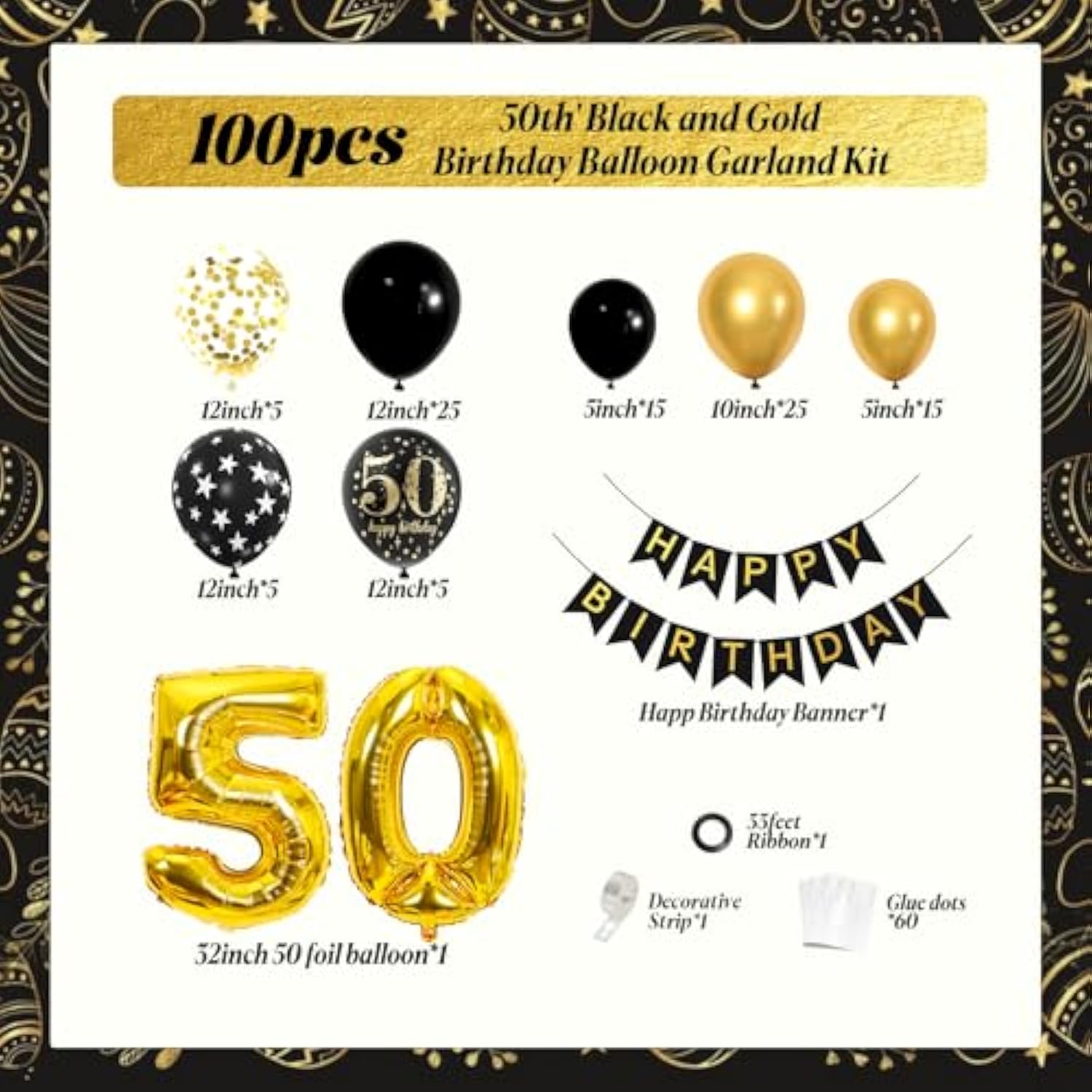 50Th Birthday Decorations For Men Women With Happy 50Th Birthday Decorations Banner 50 Balloon Number, Black And Gold 50Th Birthday Balloons Kit For 50Th Birthday Party Decorations