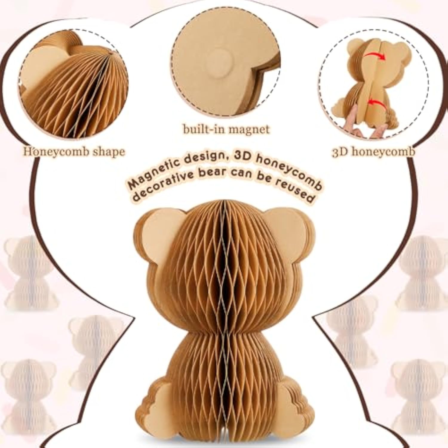6 Pcs 3D Bear Honeycomb Centerpieces with Magnetic Closure for Baby Shower Party