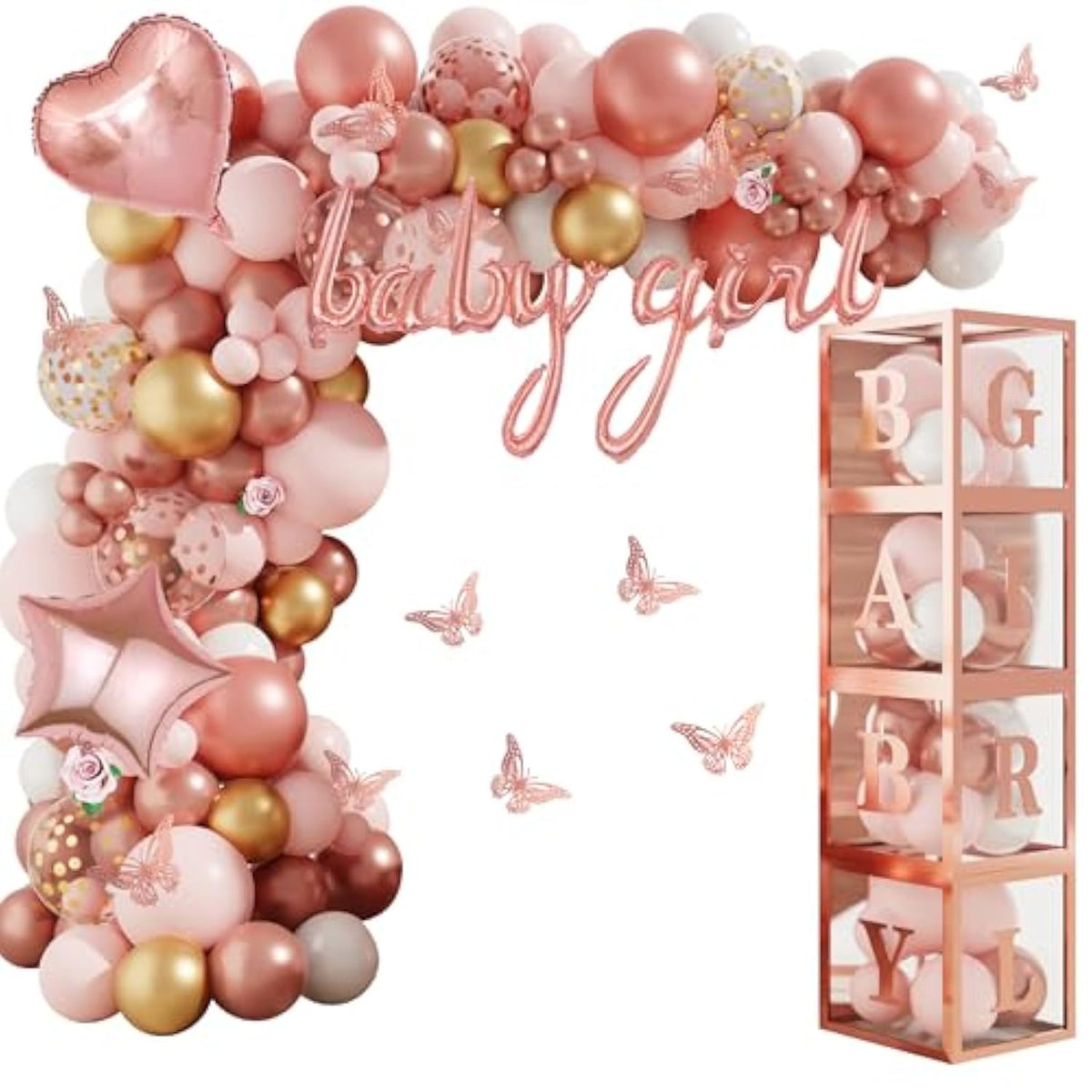 134pcs Rose Gold Balloon Arch Kit with Baby Boxes & Butterfly Stickers for Party