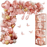 134pcs Rose Gold Balloon Arch Kit with Baby Boxes & Butterfly Stickers for Party