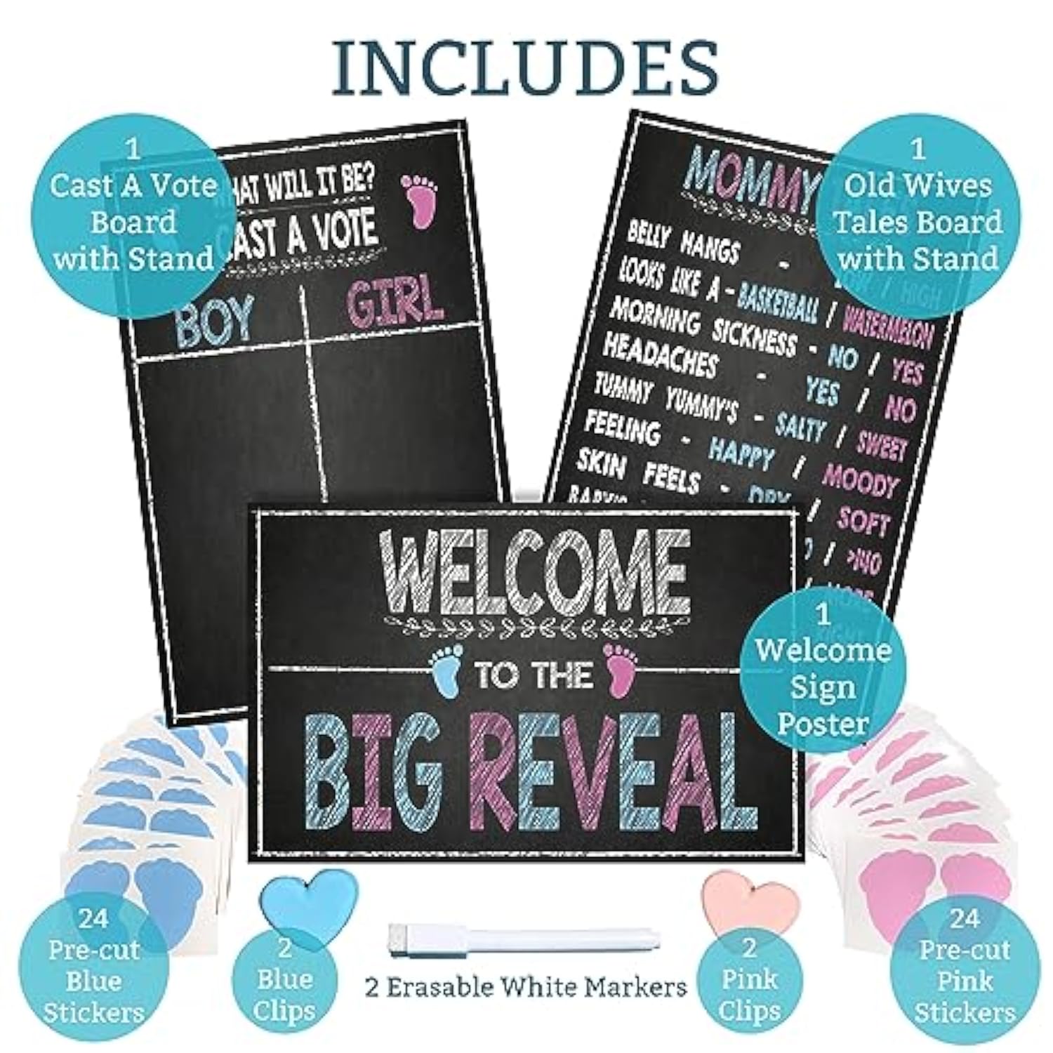 Gender Reveal Board Games 12/9" With Stand, 48 Blue And Pink Voting St