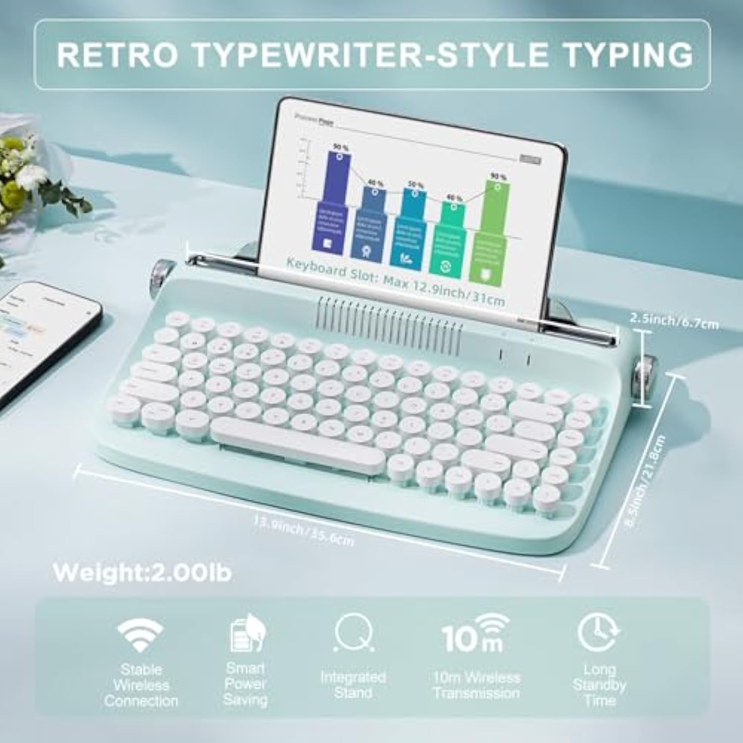 Actto B305 Wireless Typewriter Keyboard, Retro Bluetooth Aesthetic Keyboard Wi