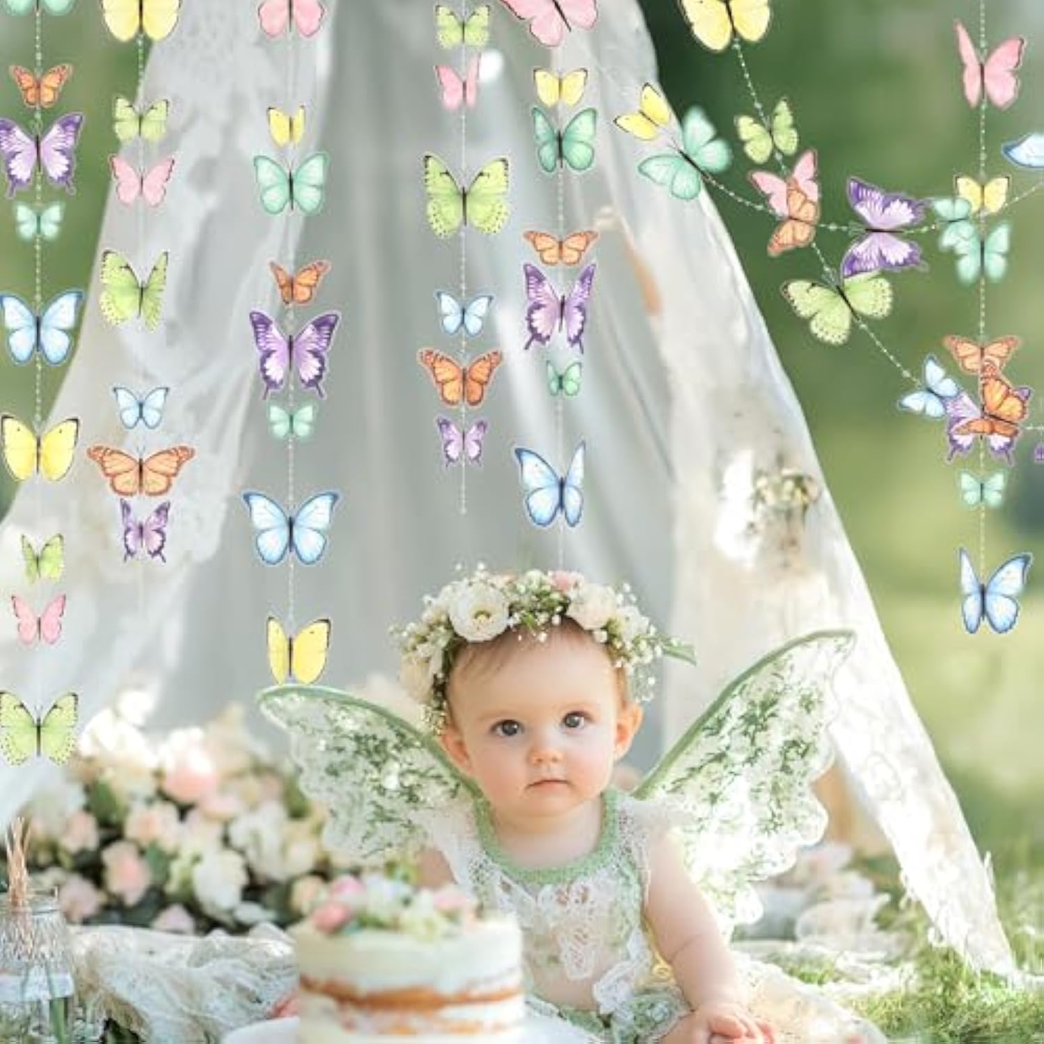 Butterfly Garlands Garden Party Decorations Pastel Floral Banner Butterflies Streamers Beads For Birthday Baby Shower Classroom Picnic Bridal Shower Spring Tea Fairy Backdrop Hanging Decor