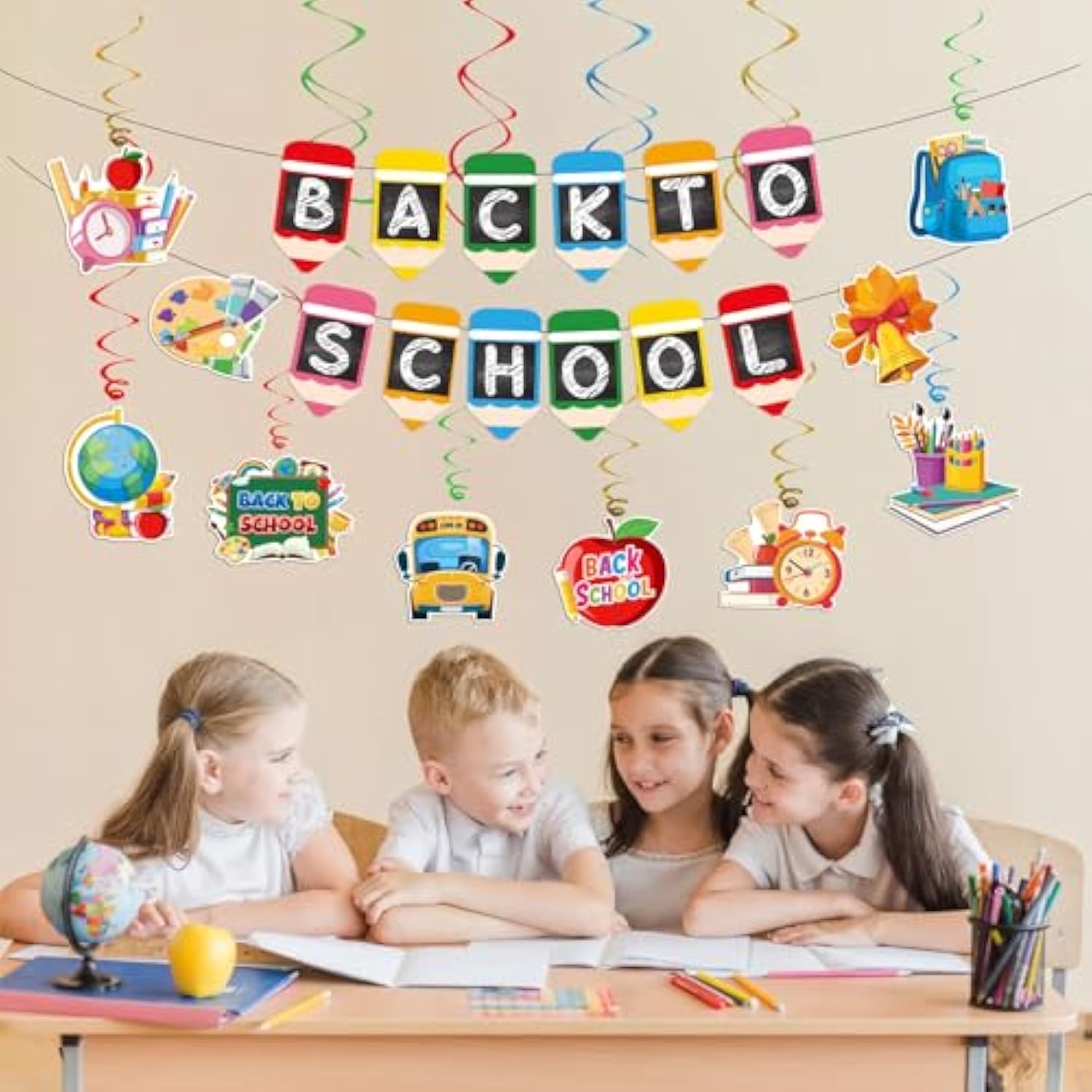 21Pcs Back to School Decor with Banners, Hanging Swirls and Cake Topper