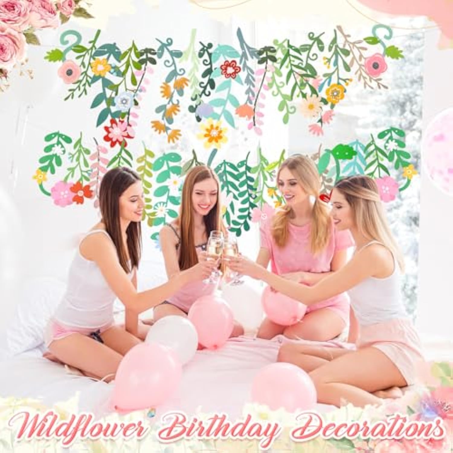 4 Pcs Flower Banner Garland Wildflower Party Decorations Groovy Boho Floral Spring Leaf Banners For Girl Women Birthday Bridal Baby Shower Garden Wedding Wall Classroom Backdrop Party Supplies