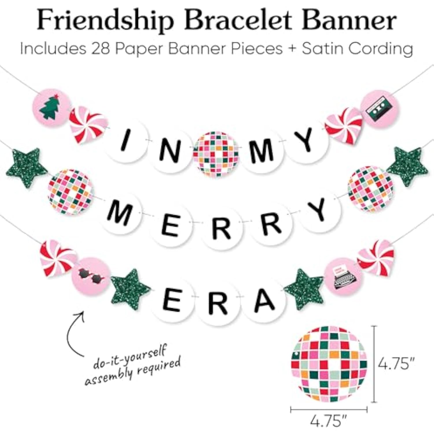 In My Merry Era Banner, Christmas Party Decorations, Xmas Holiday Backdrop, Large Holiday Friendship Bracelet Banner, 28 Pieces