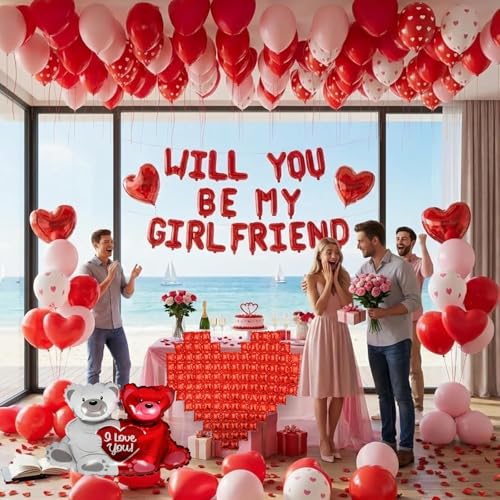 Red Will You Be My Girlfriend Balloons Set, Valentine's Day Proposal Decor