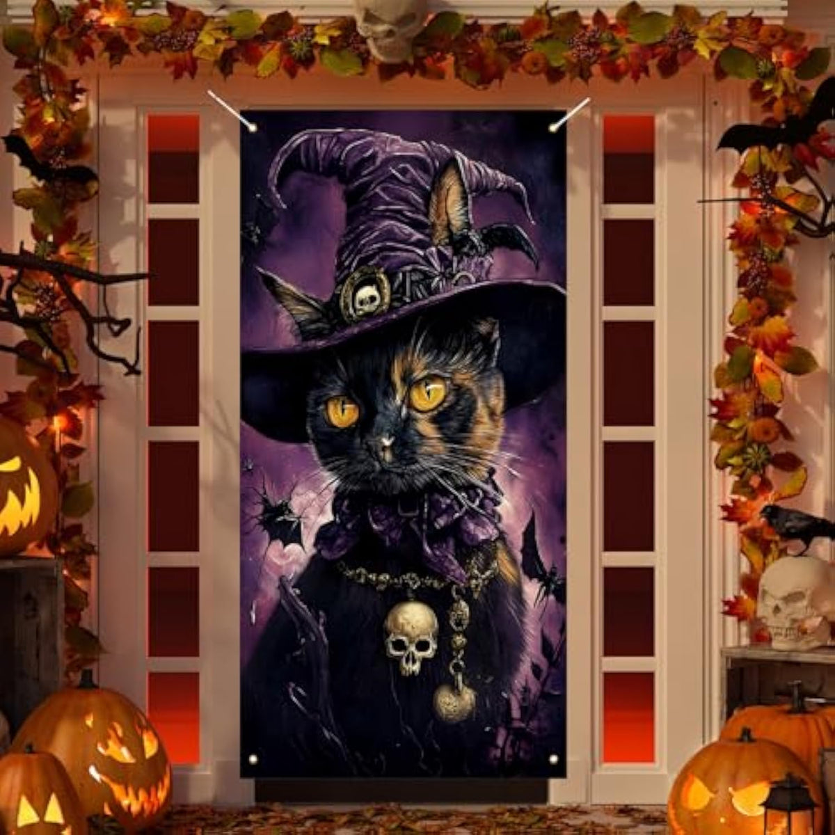Scary Black Cat and Bats Halloween Door Cover Gothic Porch Decoration 72×36