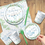 142pcs Greenery Blue Baby Shower Tableware Set – Plates, Cups, Napkins & More
