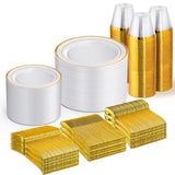 600 Pcs Gold & White Disposable Dinnerware Set For 100 Guests — White Plastic Plates With Gold Rim, Dinner & Salad Plates, Cups, Forks, Knives & Spoons For Weddings & Elegant Events