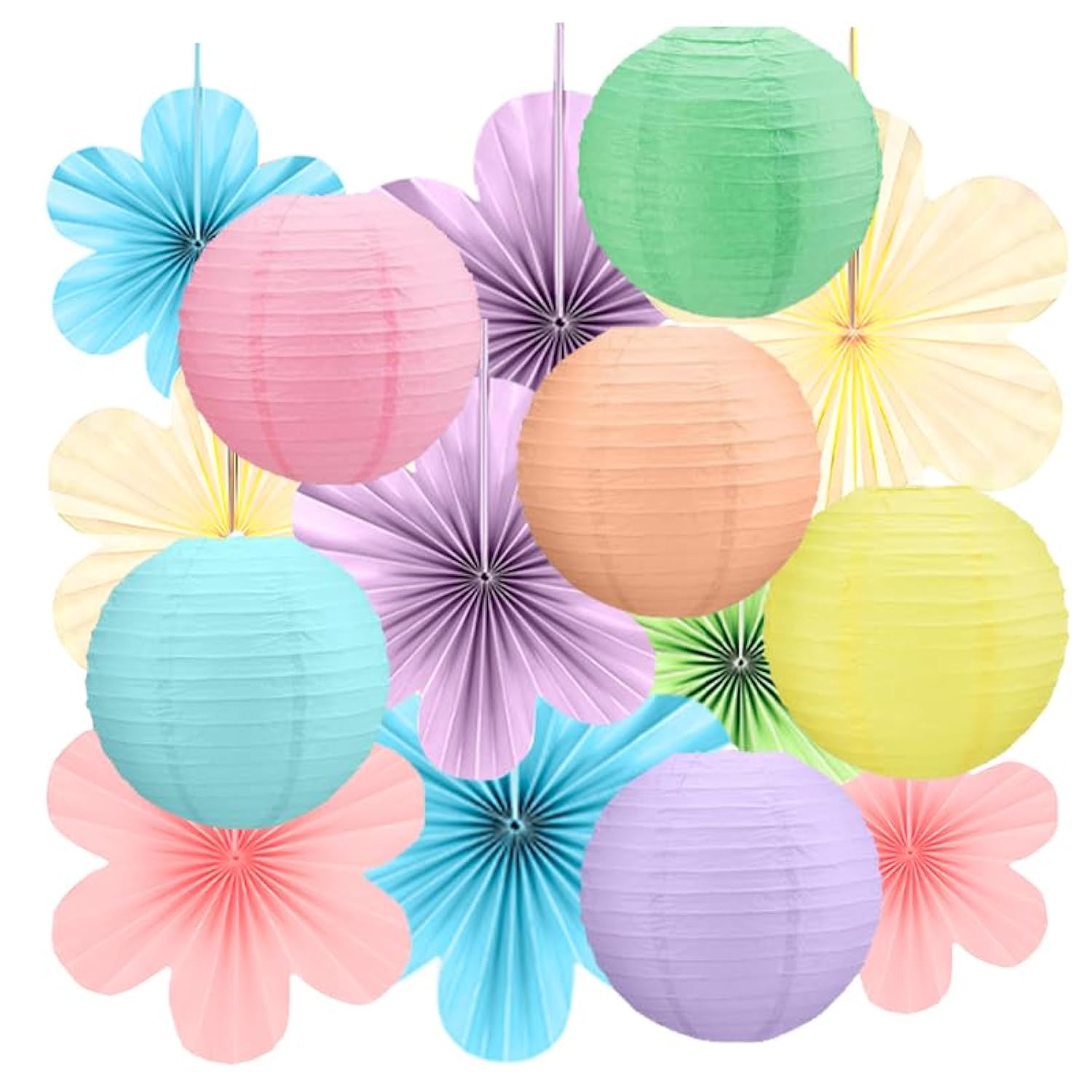 15Pcs Pastel Spring Classroom Decor Kit,Hanging Paper Lanterns Paper Flowers Fans For Easter Baby Shower Birthday Party Rainbow Wall Decor