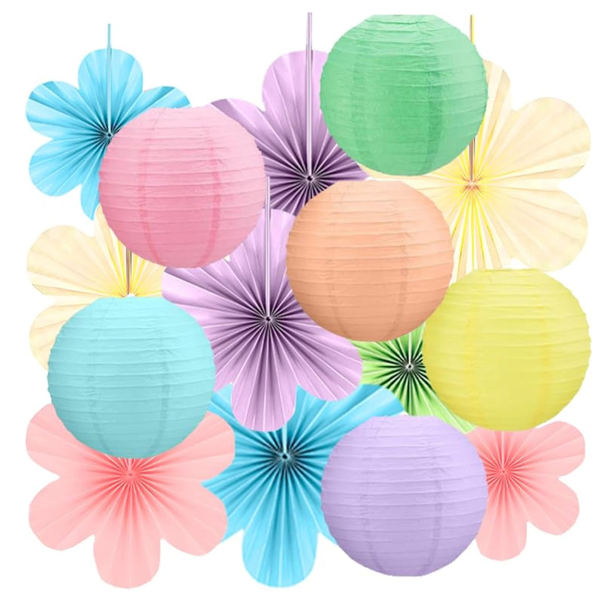 15Pcs Pastel Spring Classroom Decor Kit,Hanging Paper Lanterns Paper Flowers Fans For Easter Baby Shower Birthday Party Rainbow Wall Decor