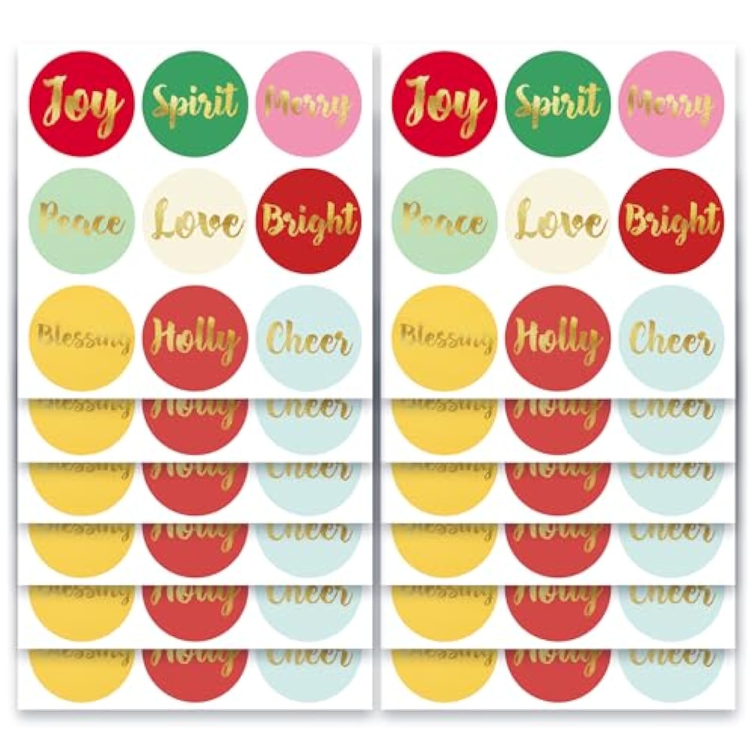 Colorful Christmas Stickers | Gold Foil | 1.4 Inch | Inspirational Positive Word | Waterproof | 135-Pack For Christmas Gifts, Holiday Stickers For Envelopes