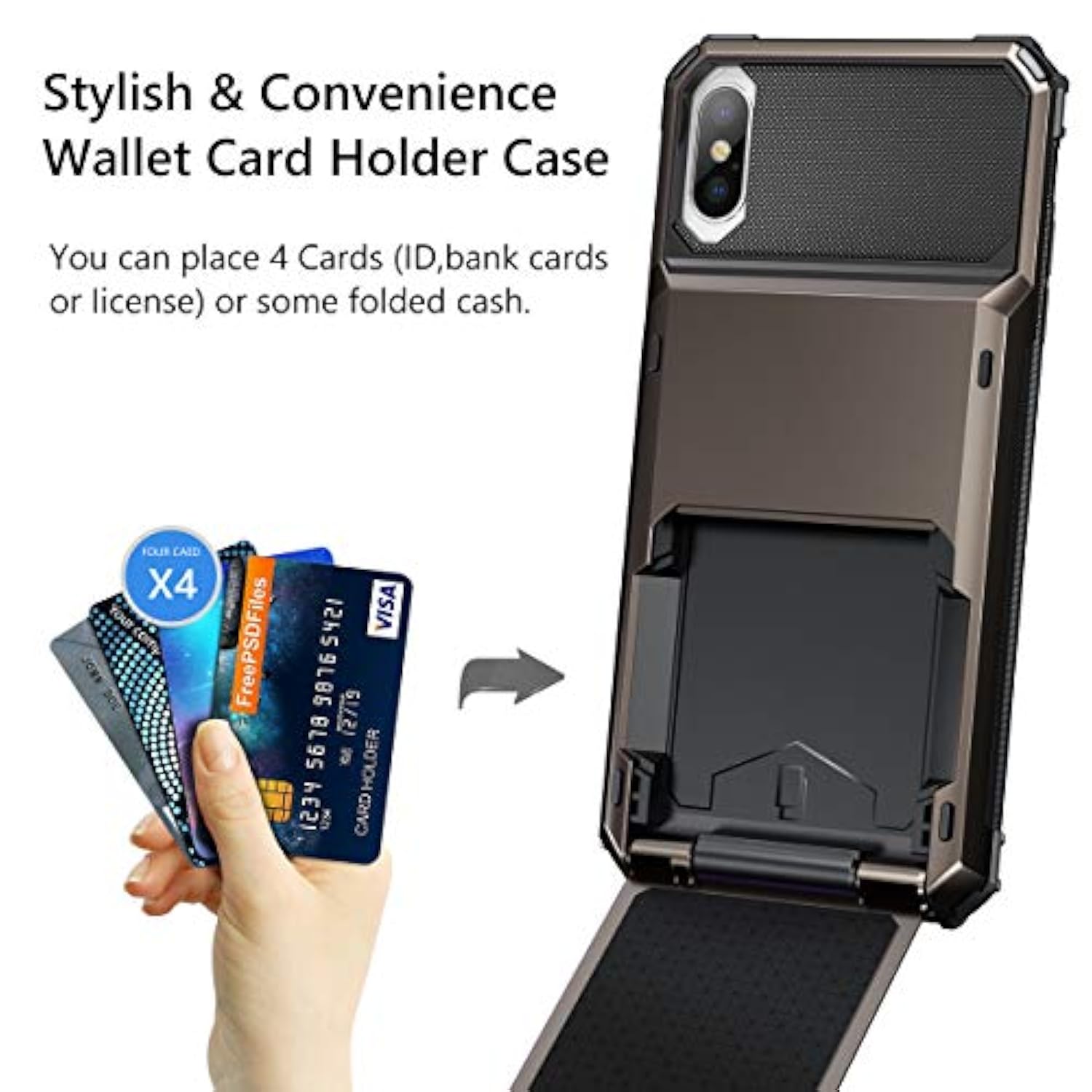 Case For Iphone Xs Max Case Wallet Id Slot Credit Card Holder Scratch Resistant Dual Layer Protective Bumper Rugged Tpu Rubber Armor Hard Shell Case Cover For Iphone Xs Max 10S Max (Gun Color)