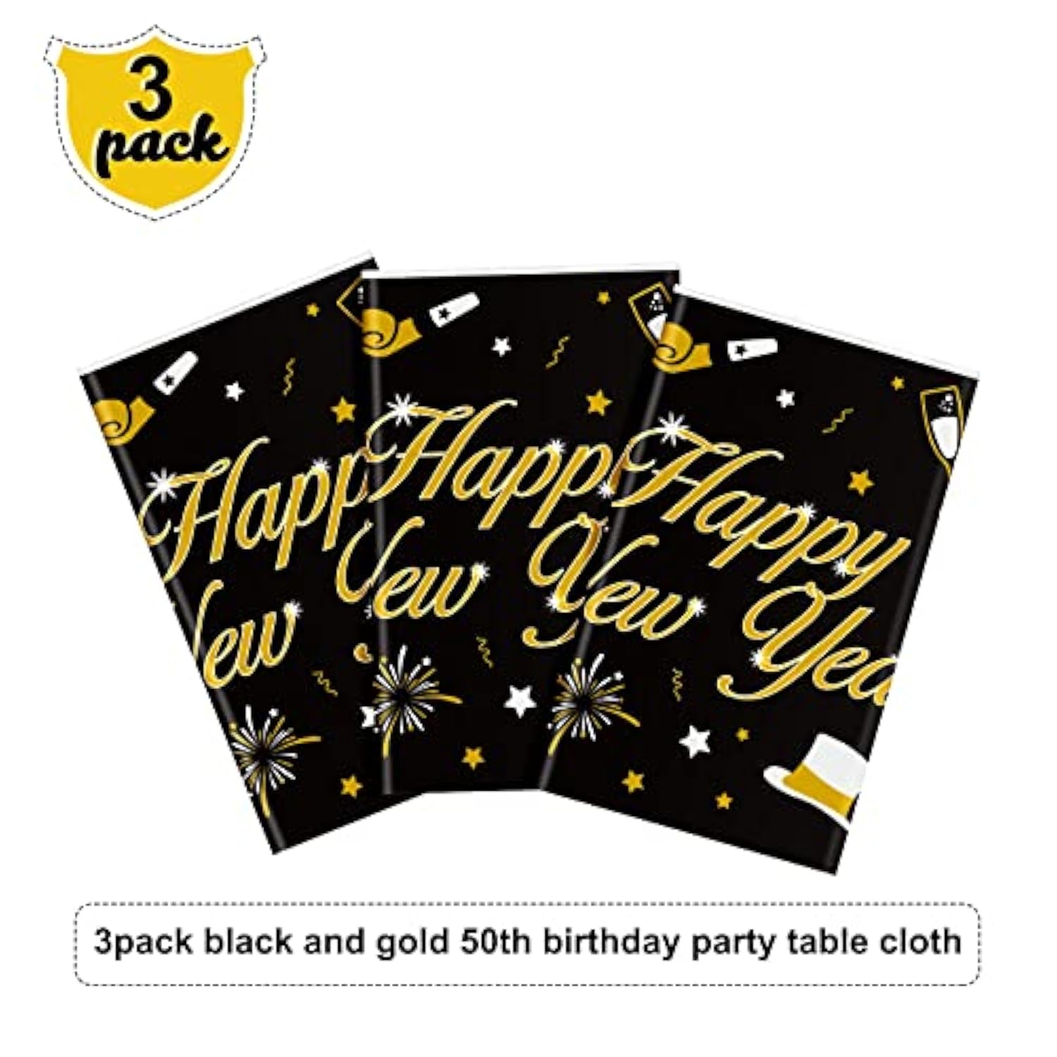 3 Pack 2026 Happy New Year Table Covers 54x108in Black Gold Party Decor