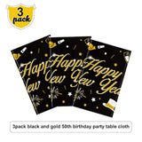 3 Pack 2026 Happy New Year Table Covers 54x108in Black Gold Party Decor