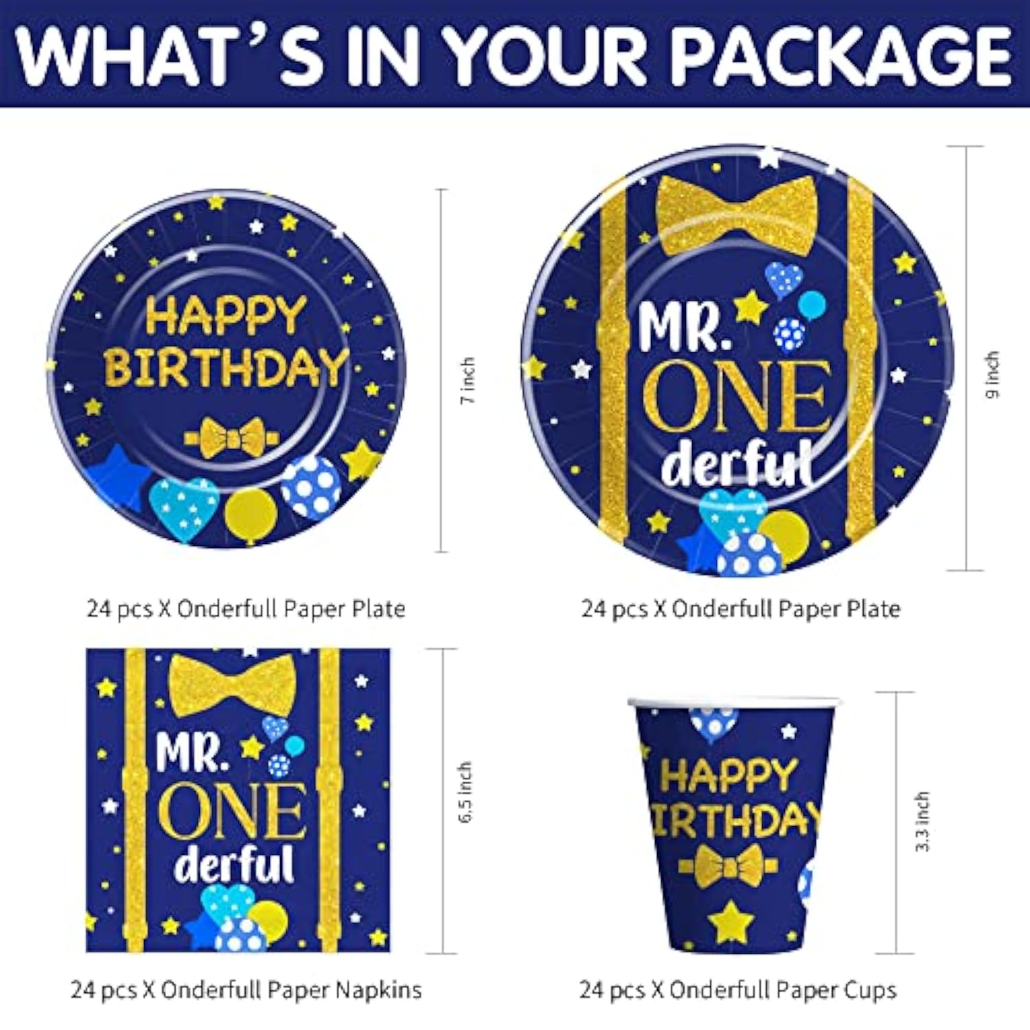 194PCS Mr. Onederful 1st Birthday Tableware Set – Plates, Cups, Napkins for 24
