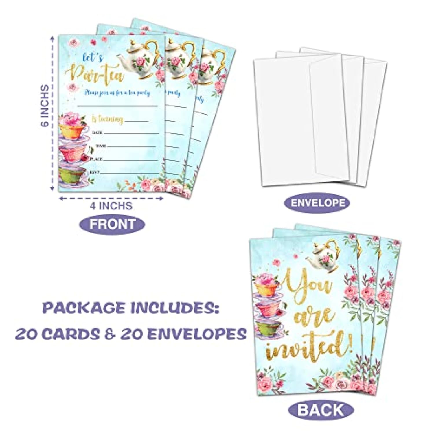 Floral Tea Party Birthday Invitation, Let'S Par-Tea Garden Tea Cup Time Fill-In Invites For Teens Boys & Girls, 20 Invitations With Envelopes(4" X 6")?Kids Party Favors Decorations And Supplies-17