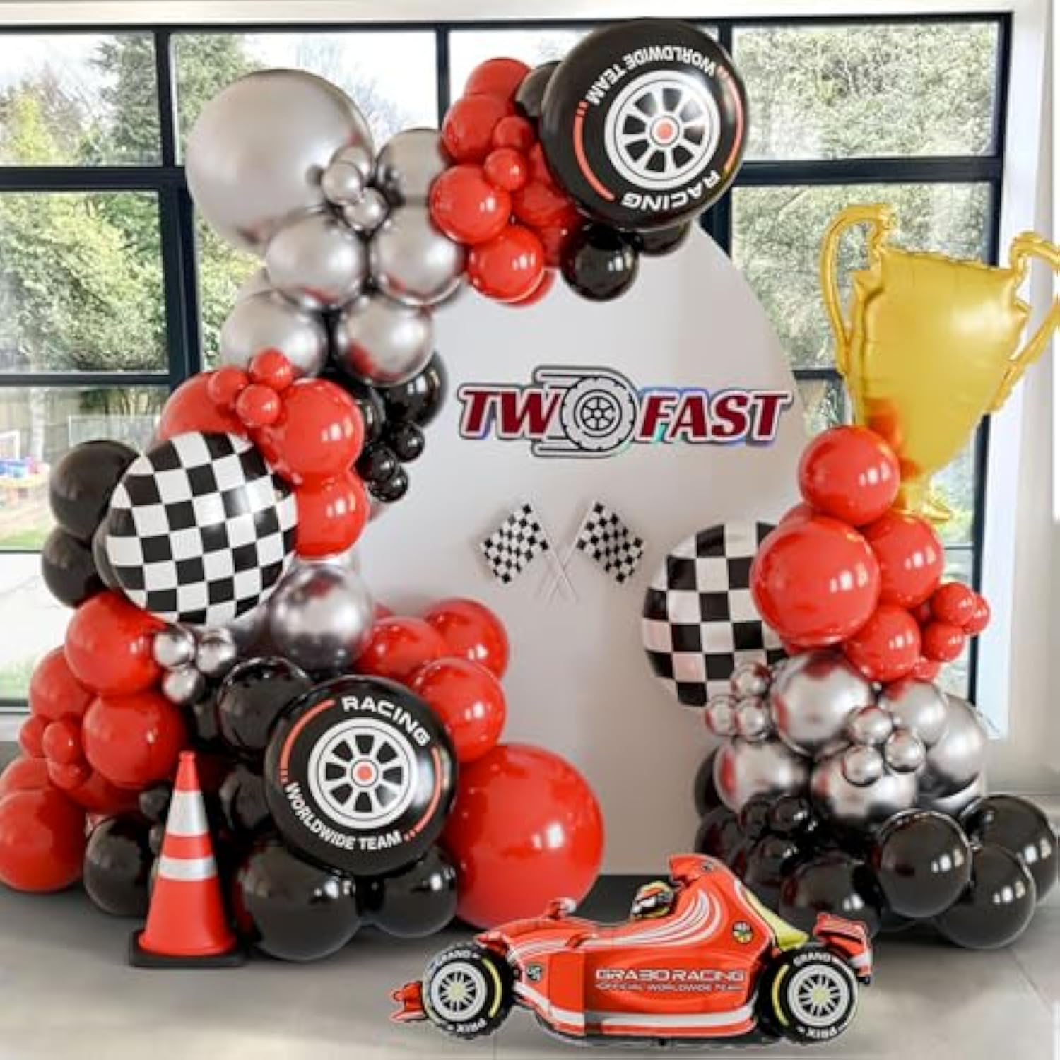 Race Car Balloon Arch Kit, Tow Fast Balloon Decoration, Red Black Silver Balloons With Car/Trophy/Chechered Flag/Tire Foil Balloons Garland For Boy Birthday, Racing Party